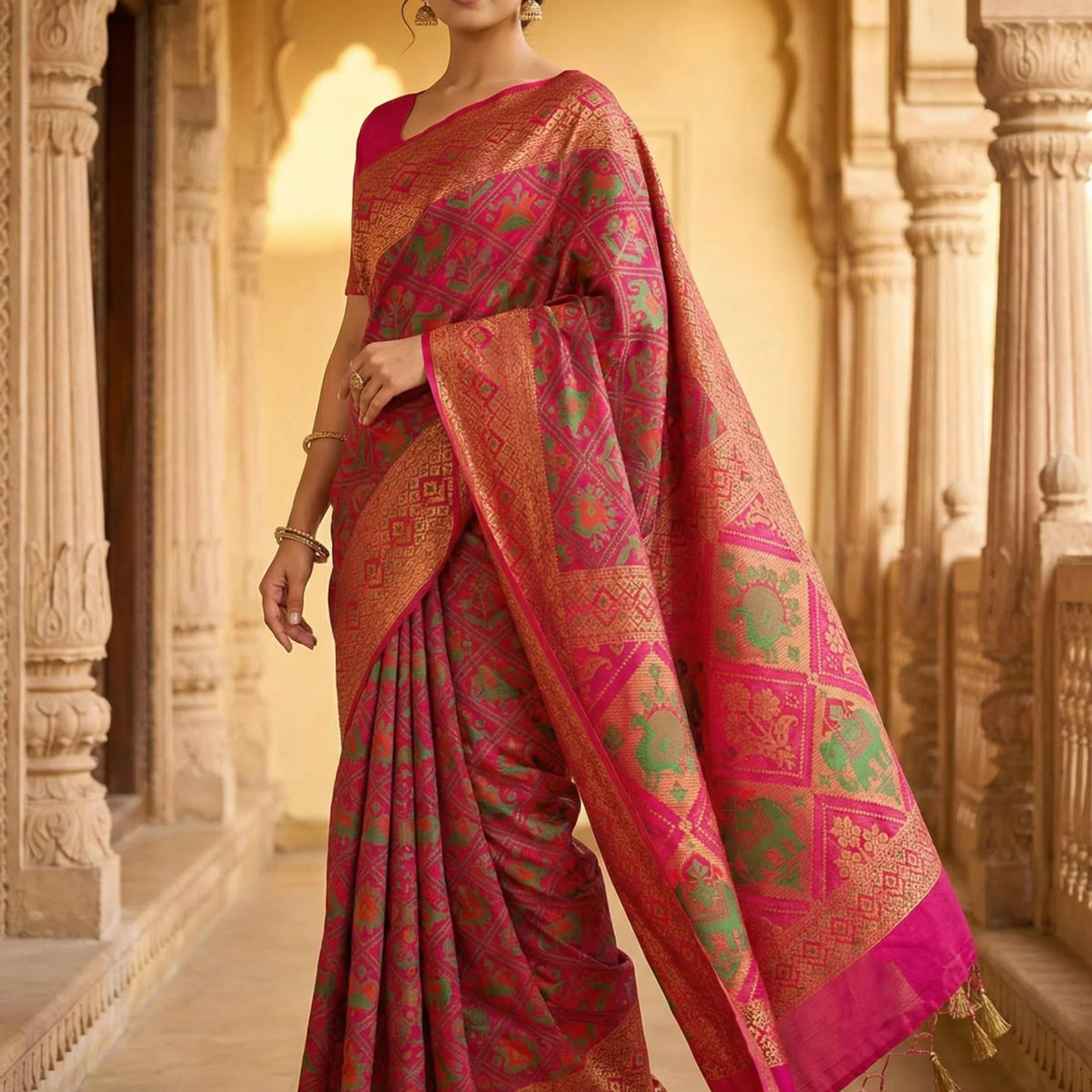 MIMOSA Women's Woven Design Paithani Style Raw Silk Saree with Blouse Piece - Rani ( SA00003128RNFREE )