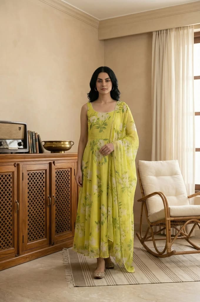 Lime Yellow Floral Printed Organza Flared Dress with Dupatta Set — photo 2