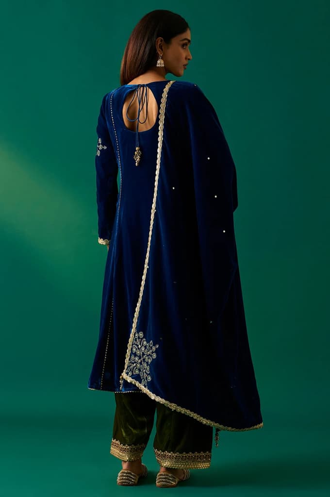 Blue Embroidered Anarkali Velvet Kurta with Salwar and Dupatta Set — photo 3