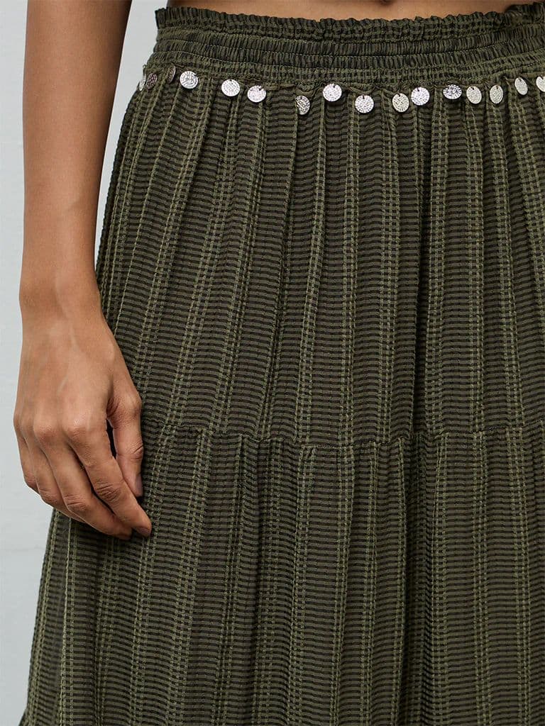 LOV Olive Embellished High-Rise Tiered Skirt — photo 3