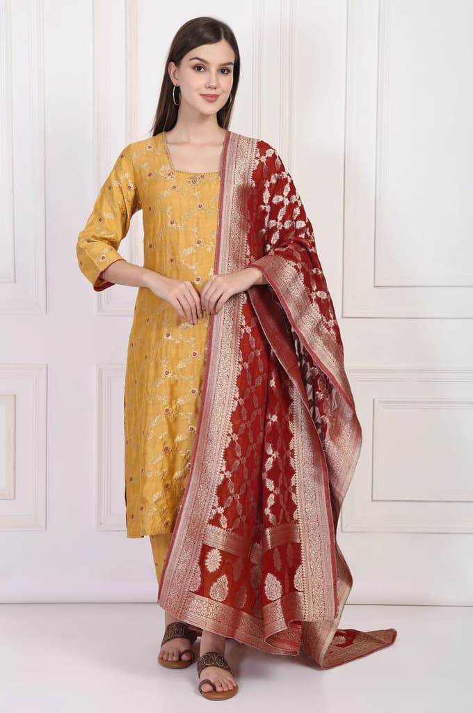 Mustard Jacquard Straight Kurta with Straight Pant and Dupatta Set — photo 2