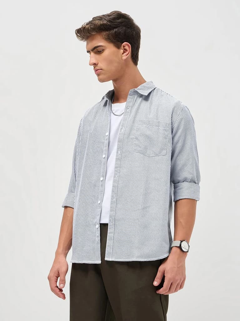 Men's Dark Blue Cotton Full Sleeve Regular Fit Casual Striped Shirt — photo 4
