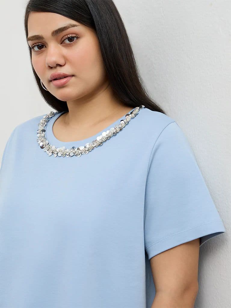 Gia Blue Embellished Cotton T-Shirt — photo 3