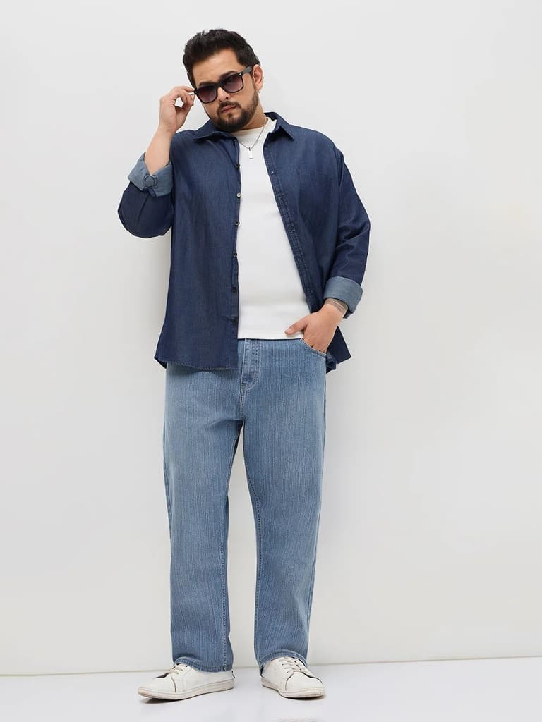 Plus Men's Light Blue Straight Fit Washed Denim Jeans Stretchable — photo 4