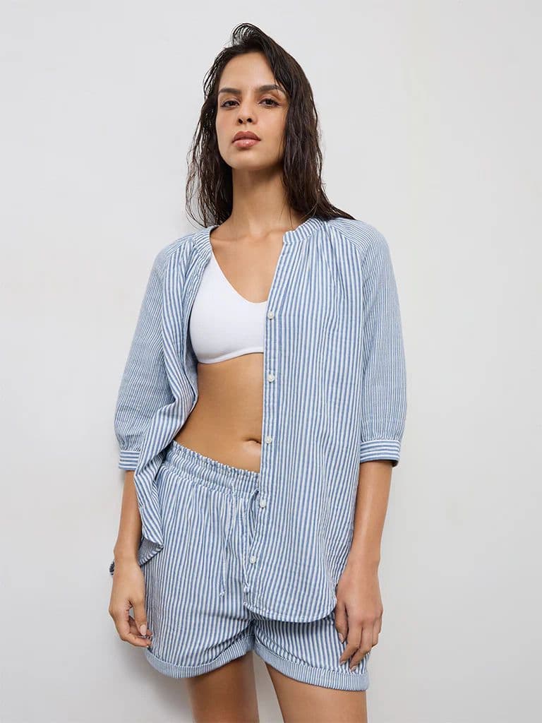 Wunderlove Blue Striped Cotton Beach Shirt