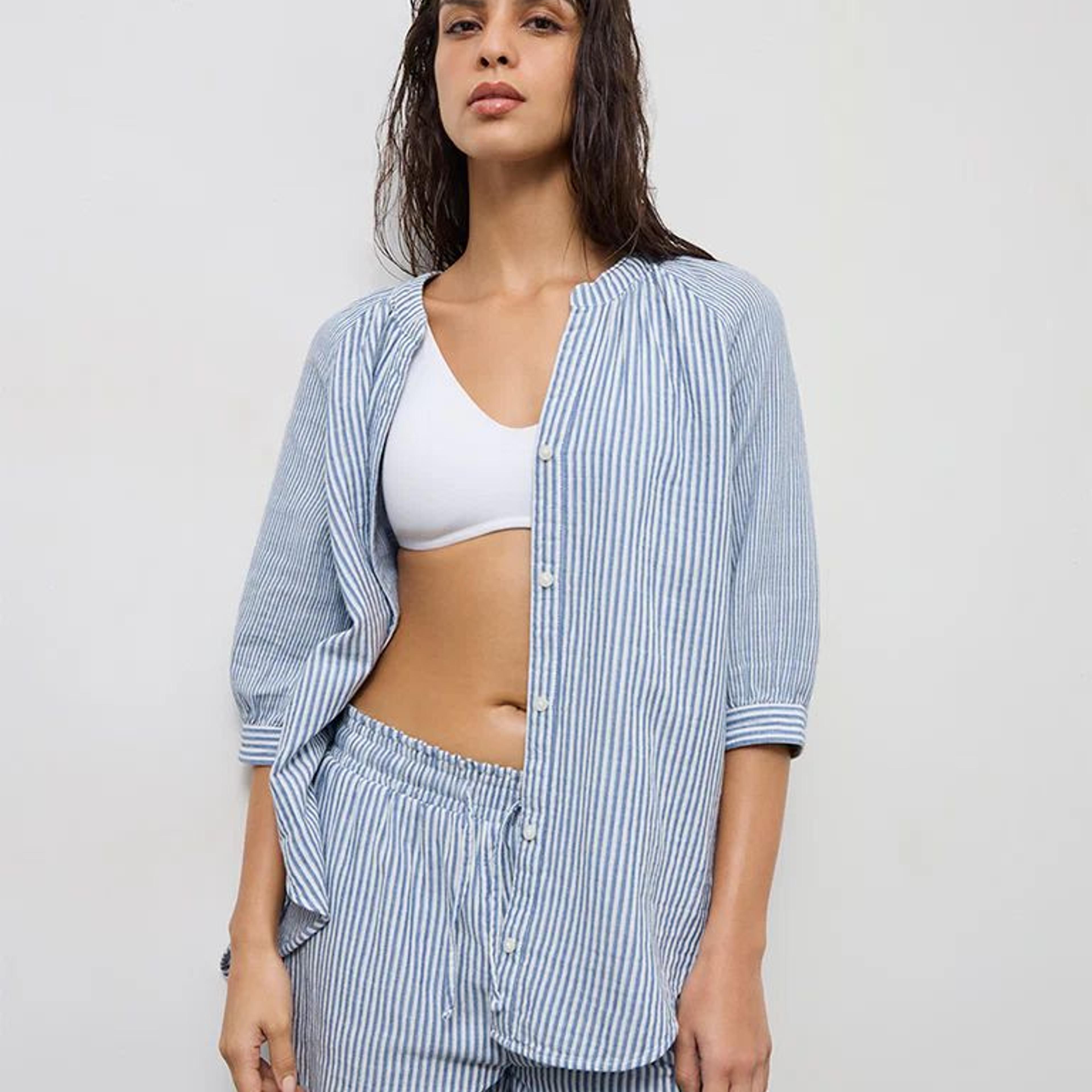 Wunderlove Blue Striped Cotton Beach Shirt