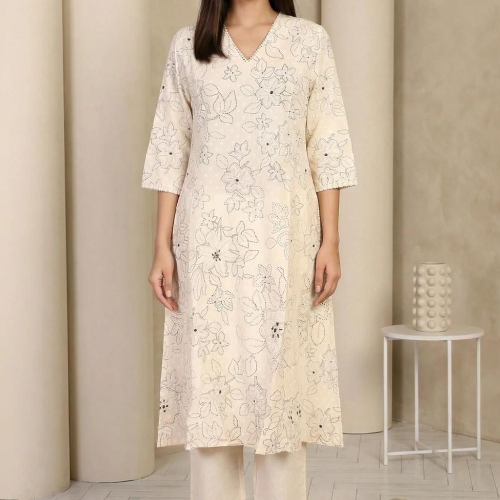Off White Floral Printed Thread Work Pure Cotton Straight Kurta with Pants Set