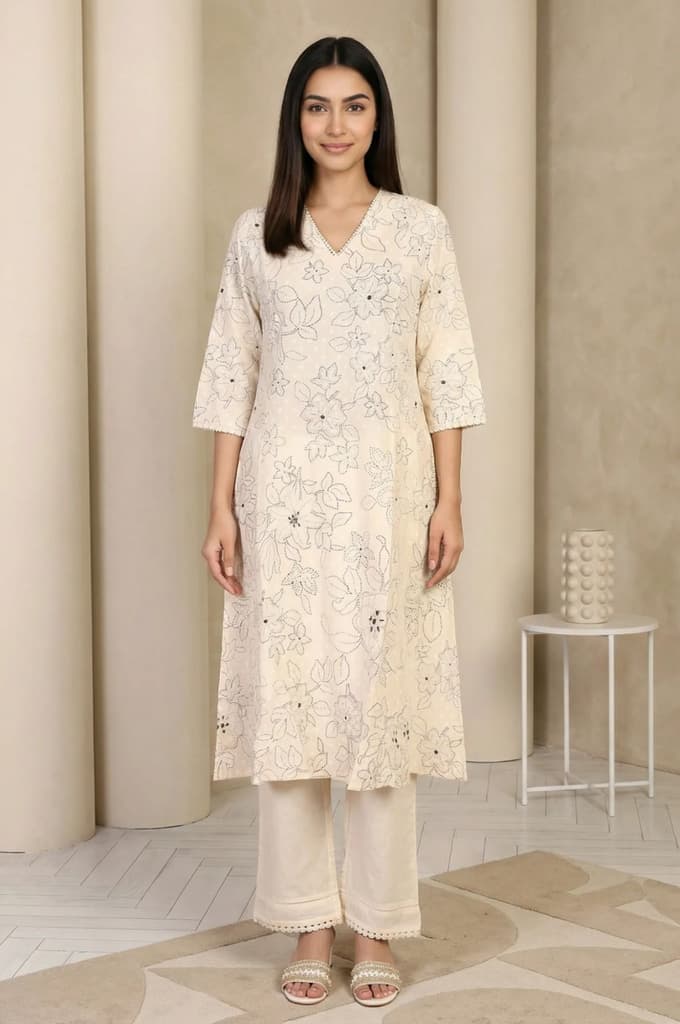 Off White Floral Printed Thread Work Pure Cotton Straight Kurta with Pants Set — XS