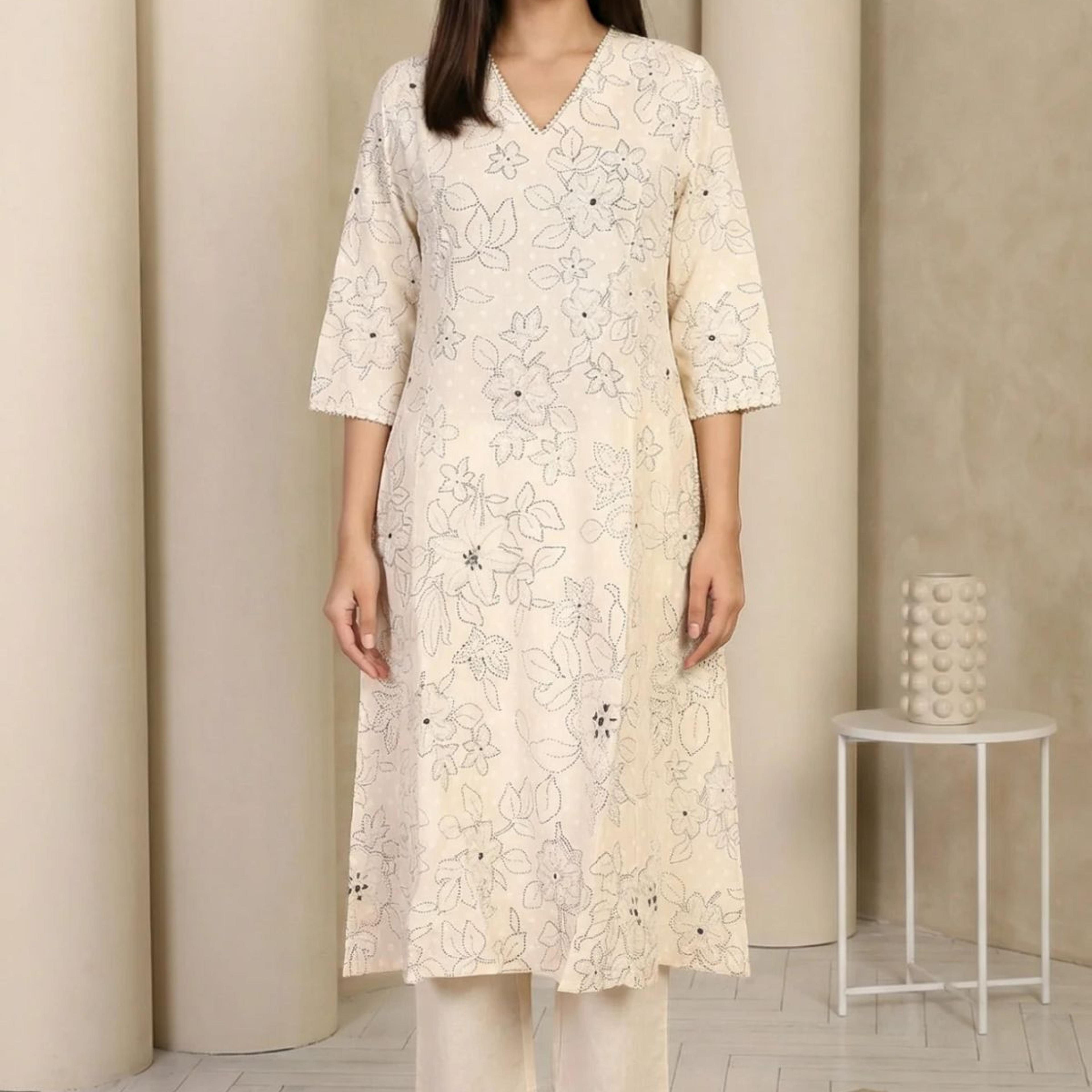 Off White Floral Printed Thread Work Pure Cotton Straight Kurta with Pants Set