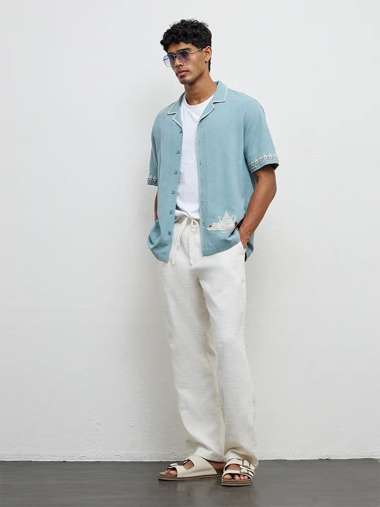 ETA Light Teal Embroidered Relaxed-Fit Cotton Shirt — photo 2