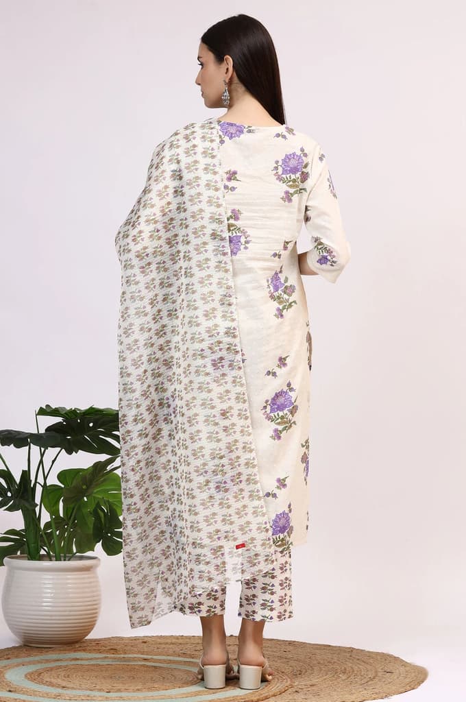 White Floral Printed Pure Cotton Straight Kurta and Pants Co-ord Set with Dupatta — photo 6