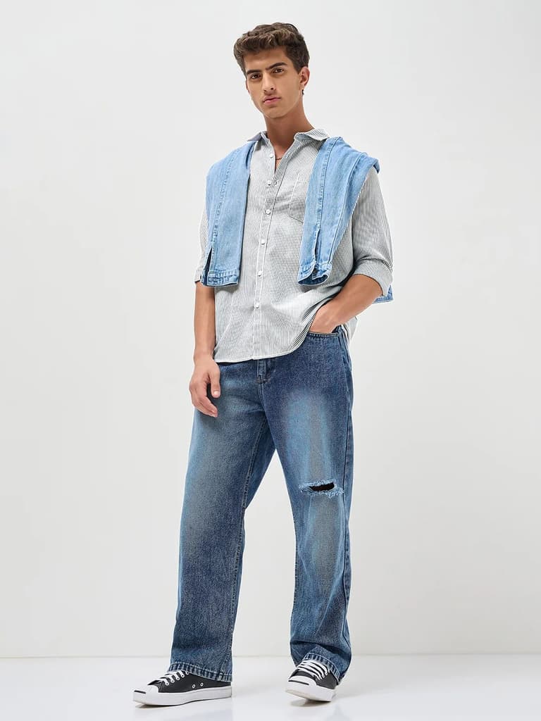 Men's Light Grey Cotton Full Sleeve Regular Fit Casual Striped Shirt — photo 5
