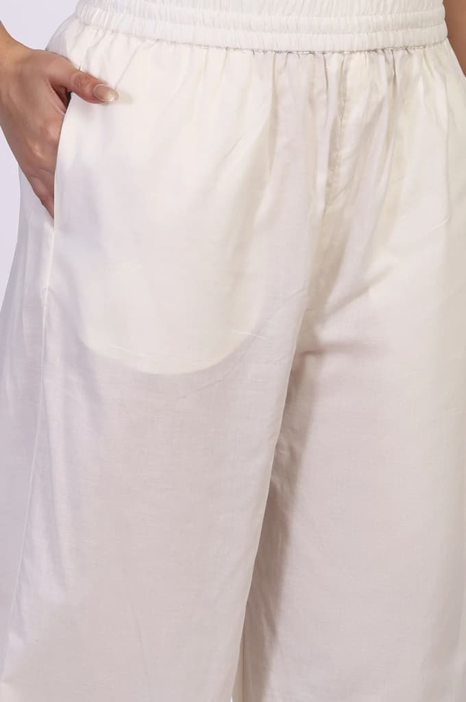 Off-White Embroidered Lace Trim Straight Cotton Kurta with Flared Pant and Dupatta Set — photo 8