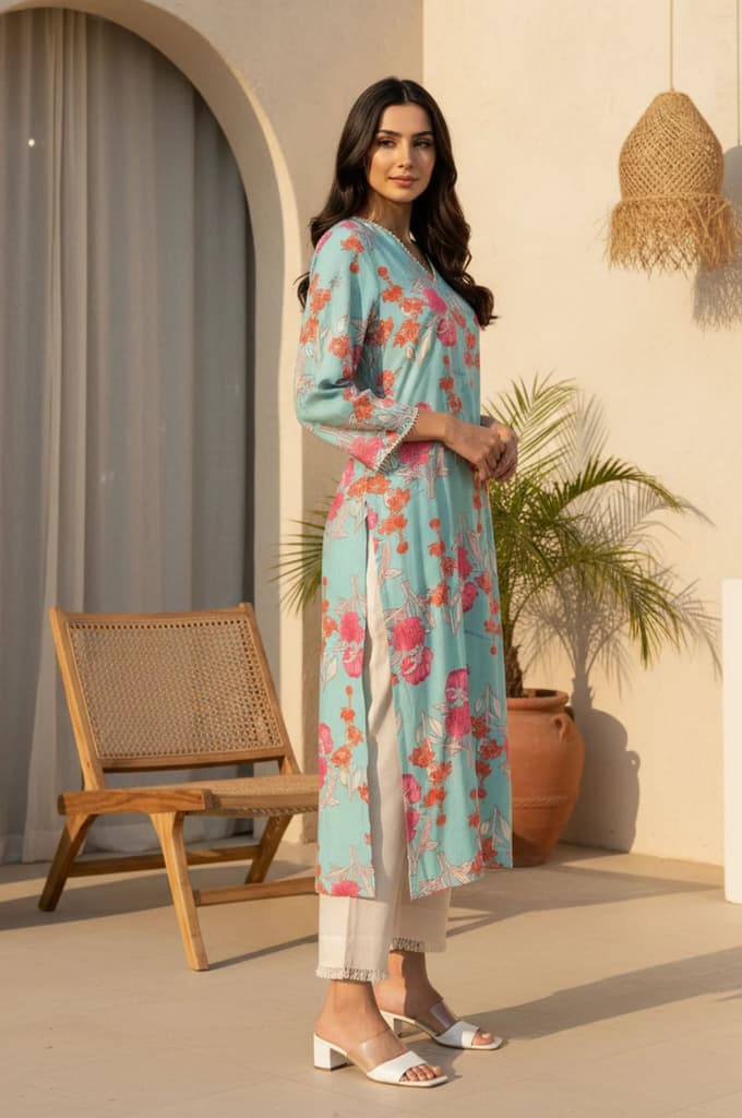 Turquoise Blue Floral Printed Lace Rayon Straight Kurta — photo 5