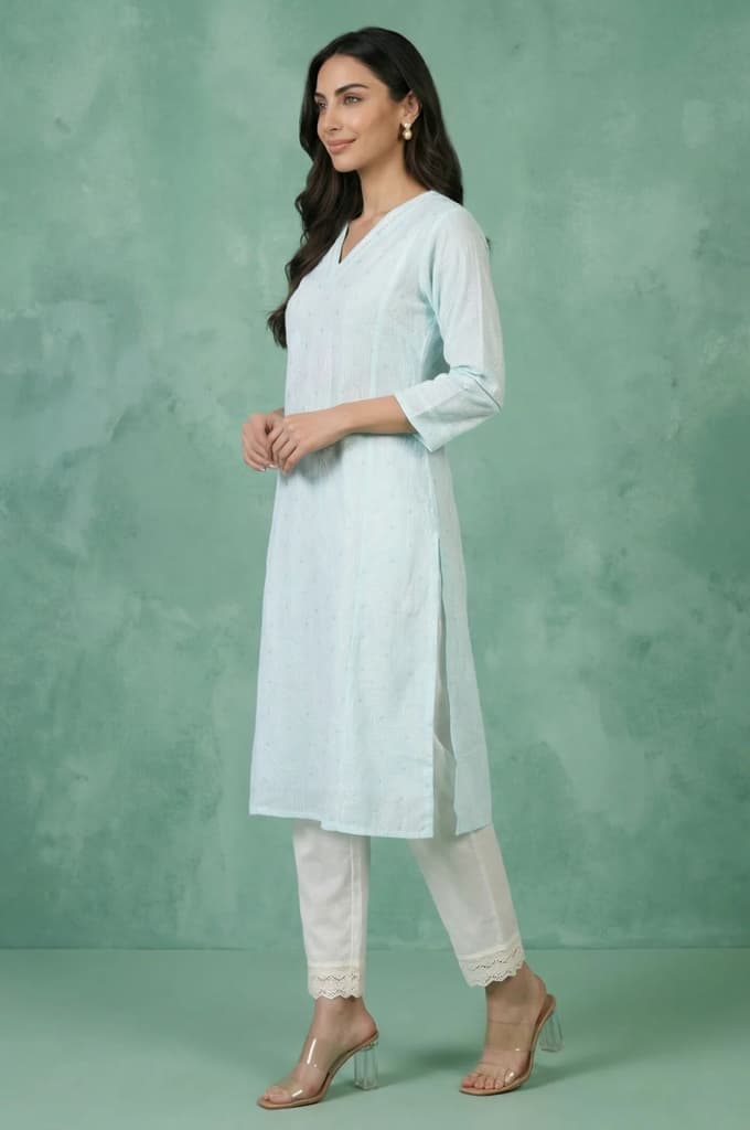 Light Blue Chikankari Embroidered Kota Straight Kurta — photo 4