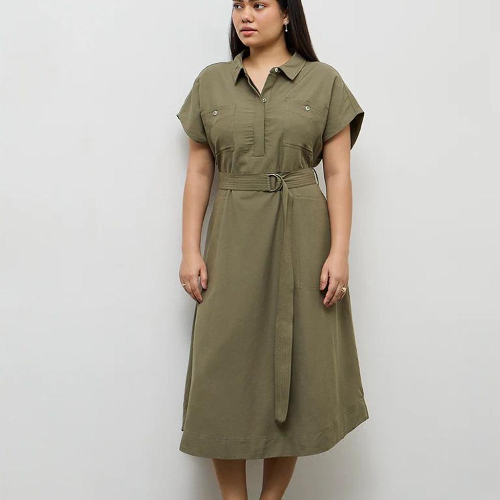 Gia Olive Solid A-Line Dress with Belt