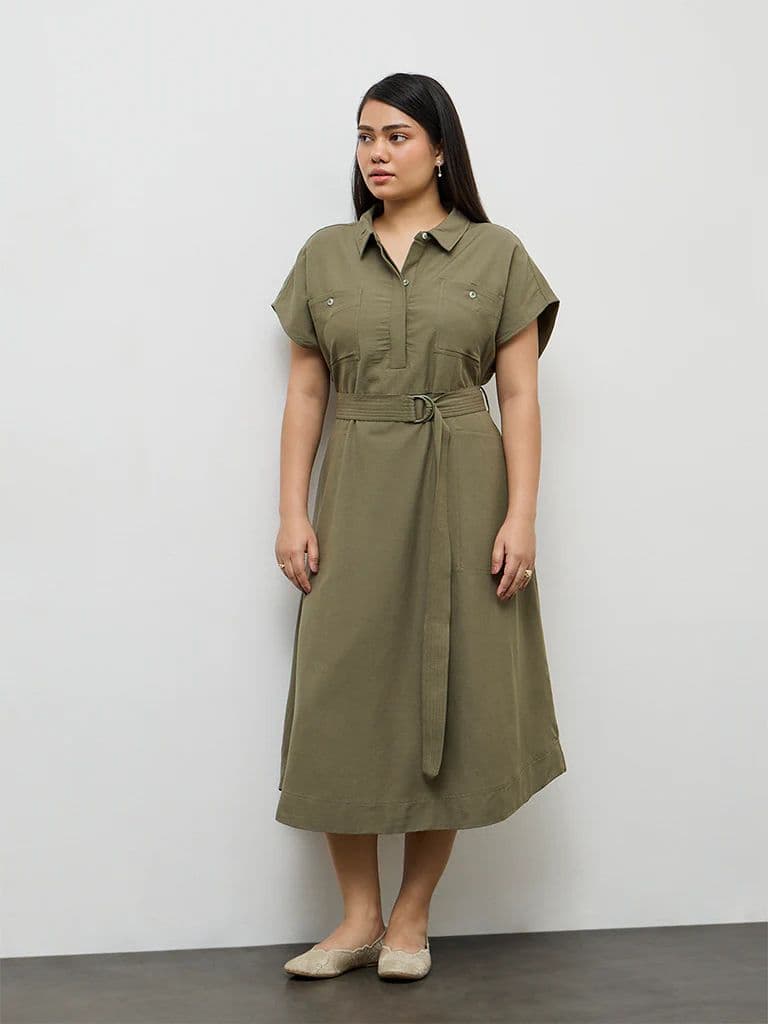 Gia Olive Solid A-Line Dress with Belt