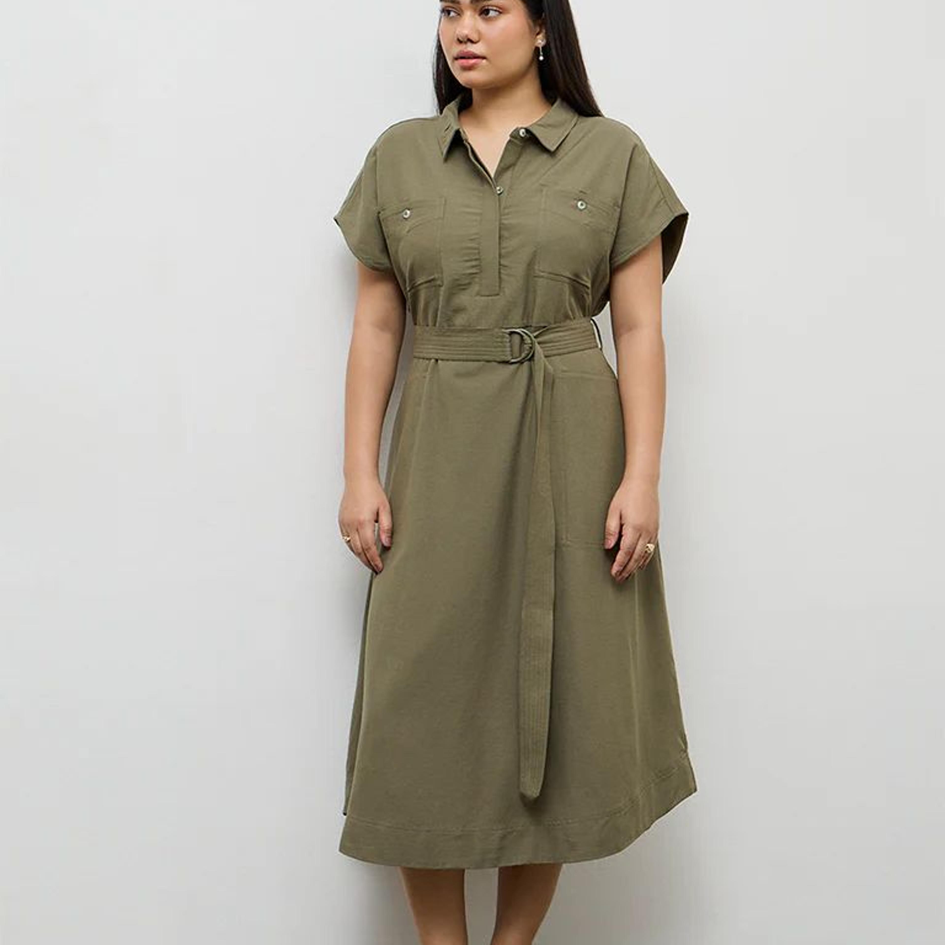 Gia Olive Solid A-Line Dress with Belt