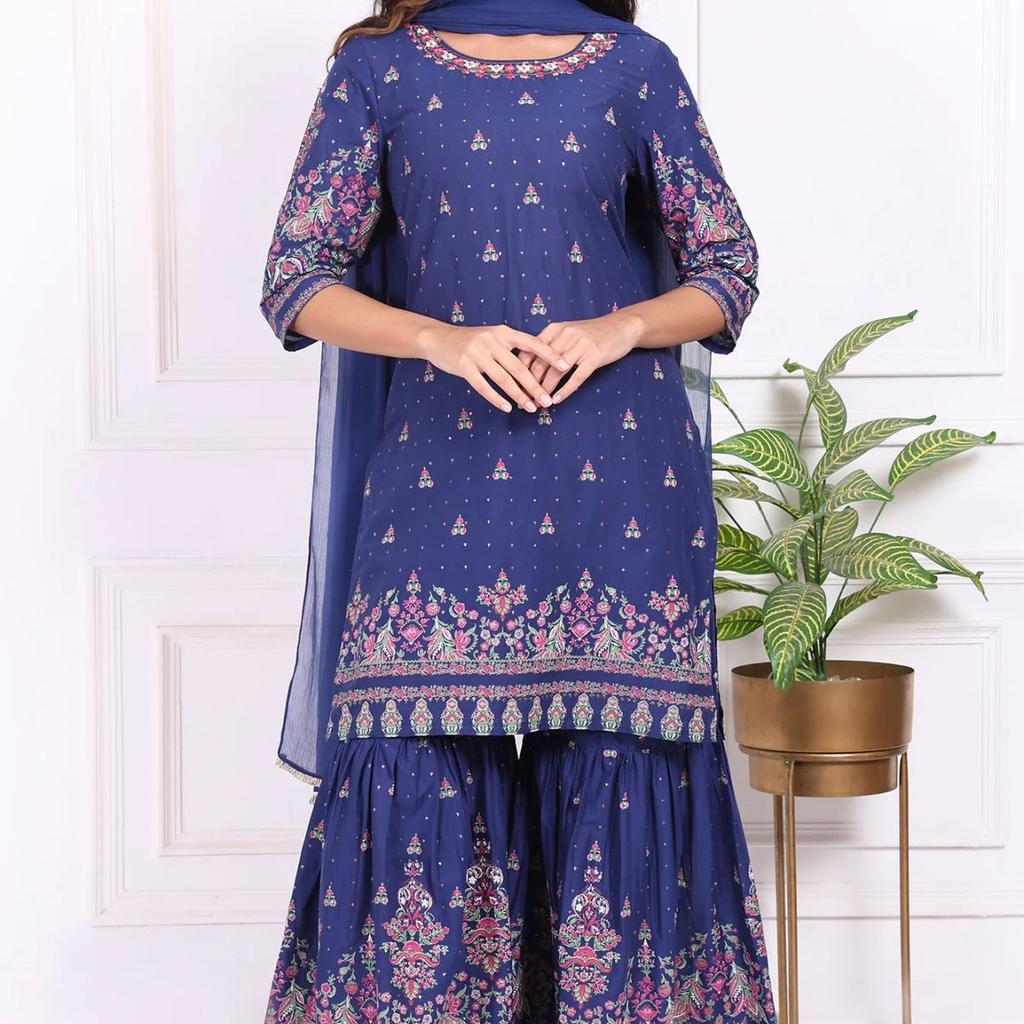 Blue Floral Printed Embroidered Straight Cotton Kurta with Sharara and Dupatta Set