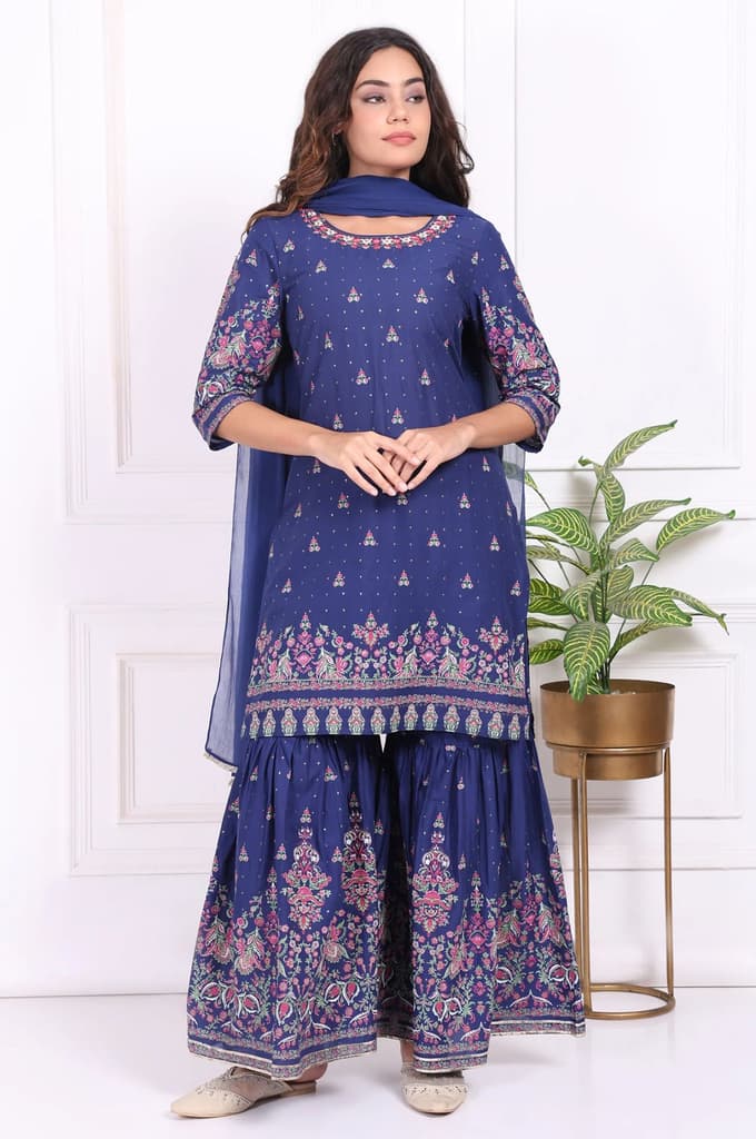 Blue Floral Printed Embroidered Straight Cotton Kurta with Sharara and Dupatta Set — XS