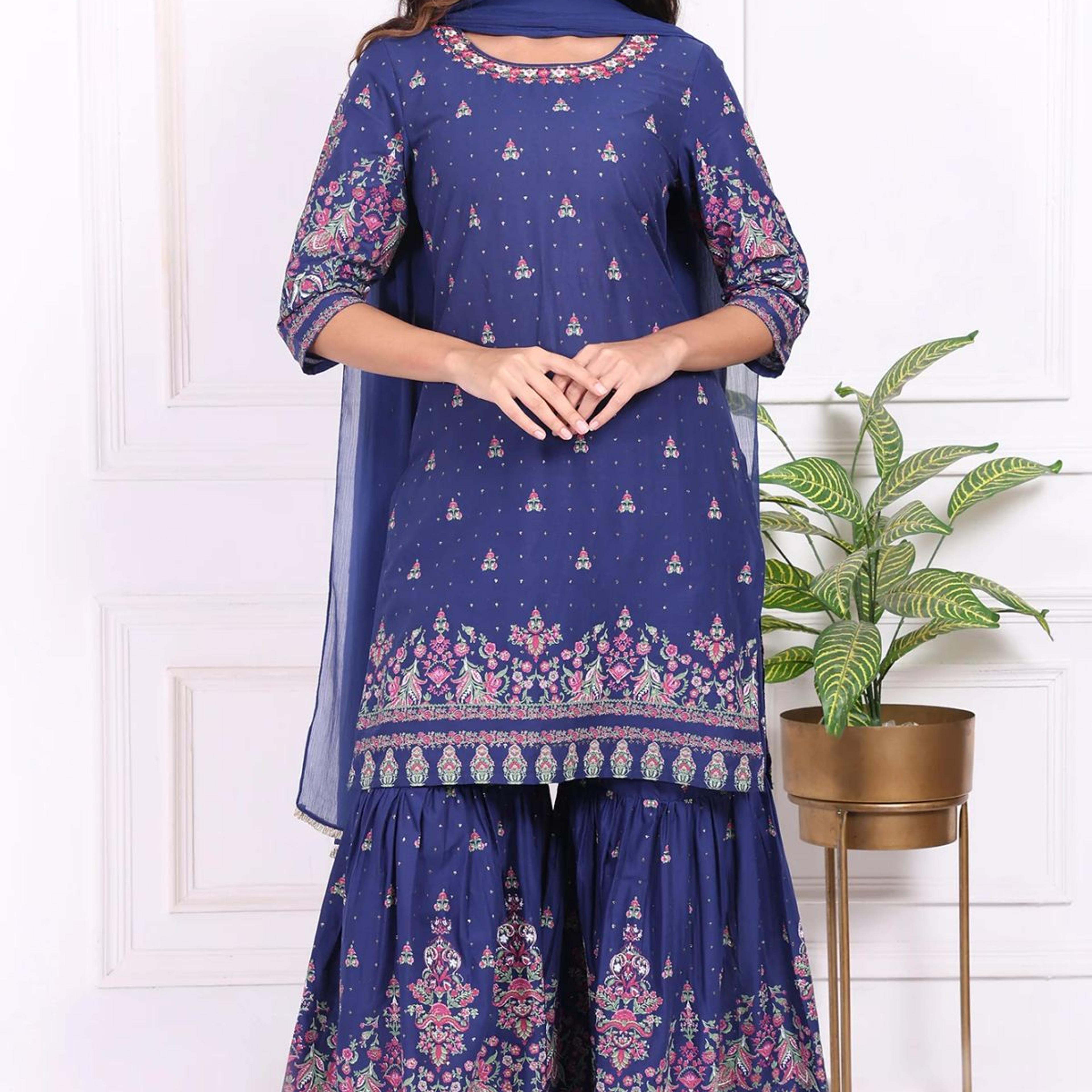 Blue Floral Printed Embroidered Straight Cotton Kurta with Sharara and Dupatta Set