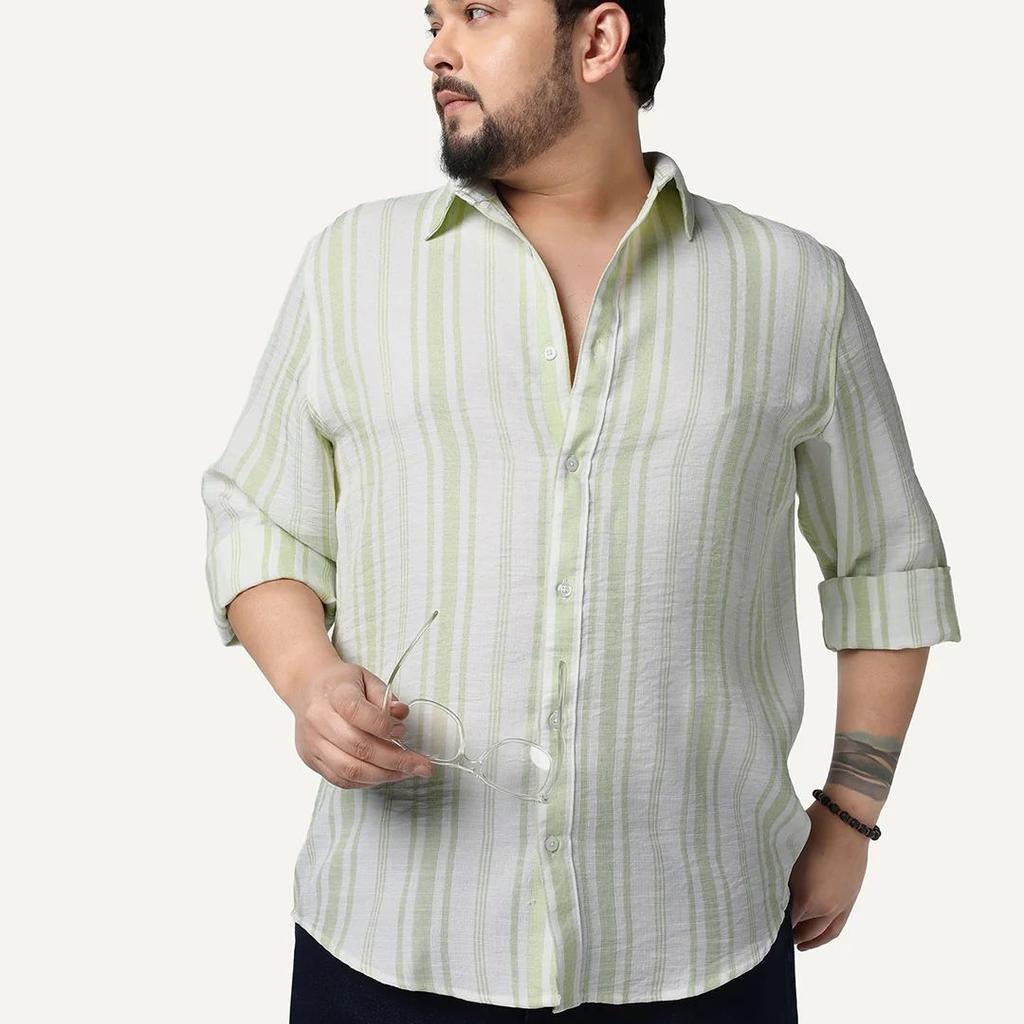 Plus Men's Light Green Cotton Full Sleeve Relaxed Fit Linen Striped Shirt with Spread Collar