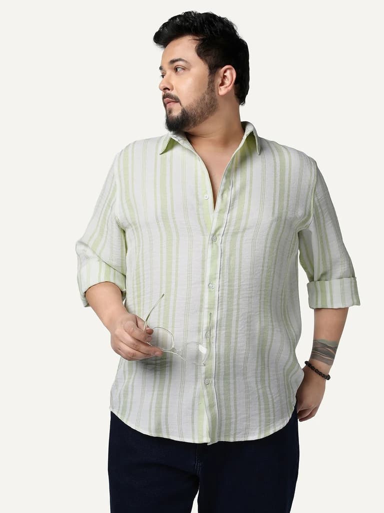 Plus Men's Light Green Cotton Full Sleeve Relaxed Fit Linen Striped Shirt with Spread Collar — 2XL / Light Green