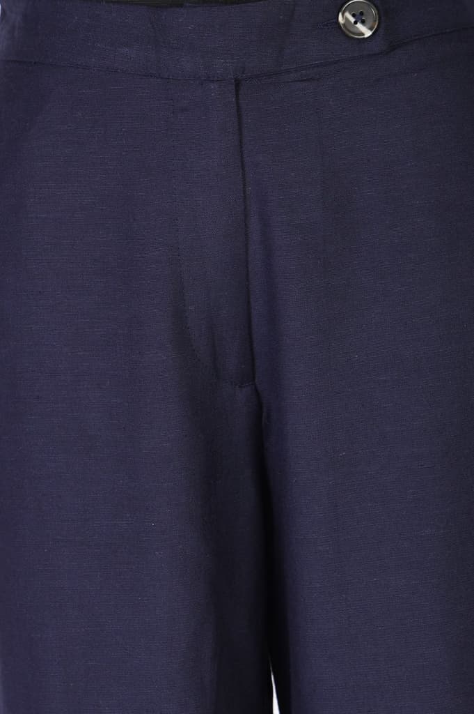 Navy Blue Solid Buttons Wide Leg Ankle Length High Rise Pants — photo 3