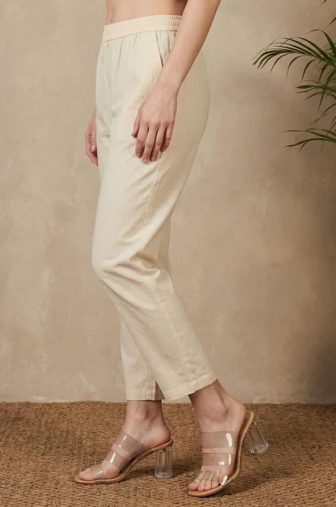 Beige Solid Pure Cotton Ankle Length Straight Pants — photo 2