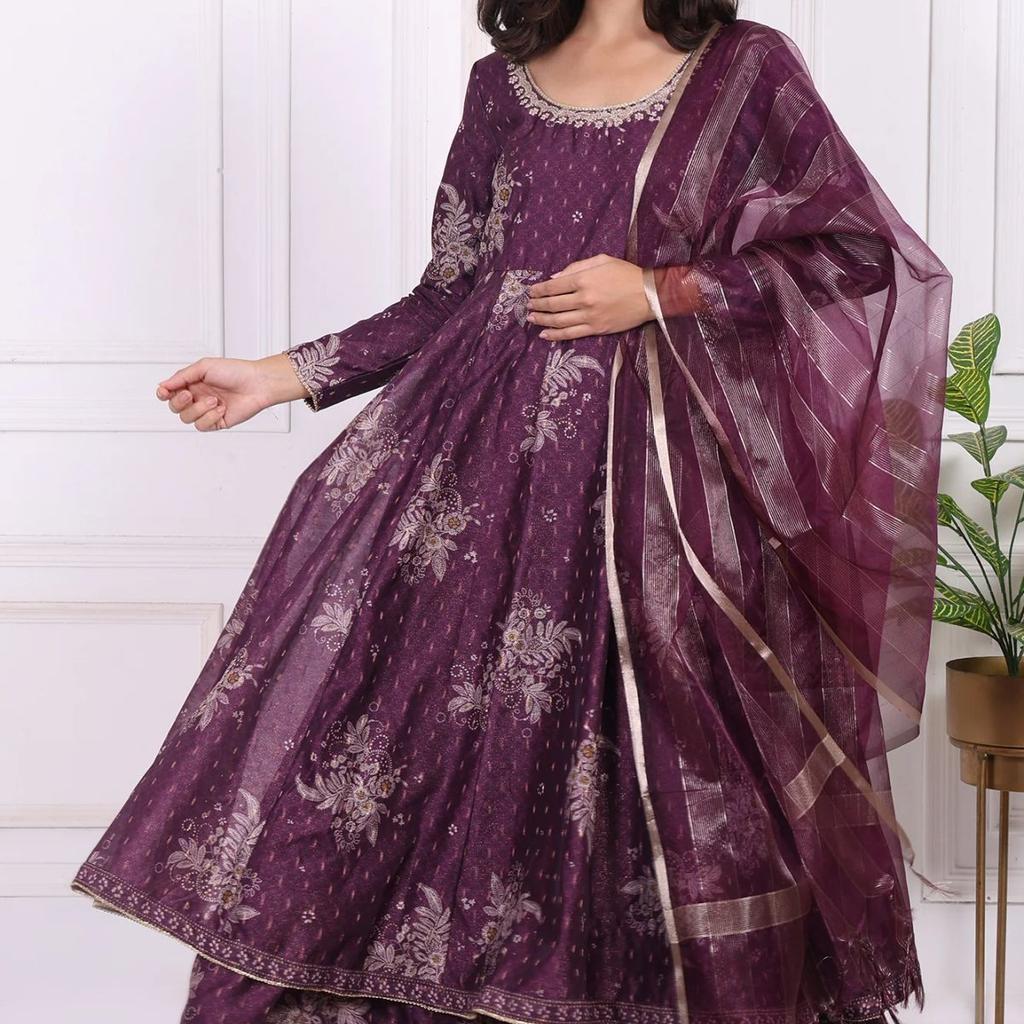 Purple Floral Printed Embroidered Anarkali Kurta with Dupatta Set