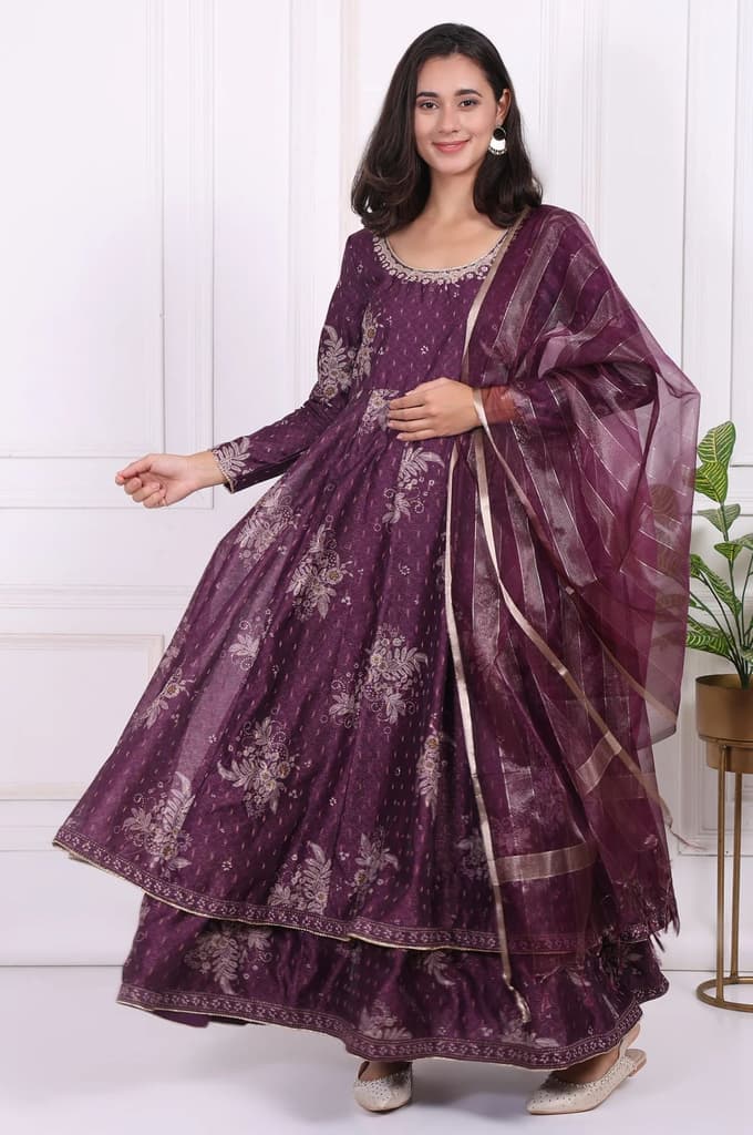 Purple Floral Printed Embroidered Anarkali Kurta with Dupatta Set — XS