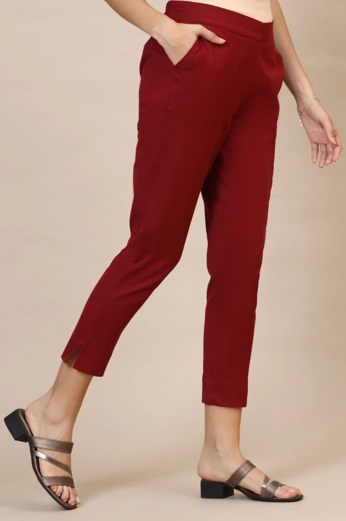 Elleven Women's Maroon Solid Straight Fit Cotton Trousers With Elasticated Waist — photo 5
