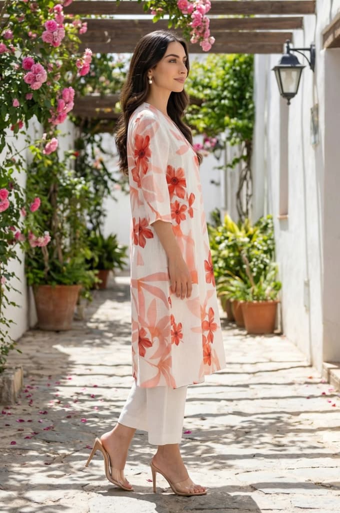 Off White Floral Printed Rayon Straight Kurta — photo 6