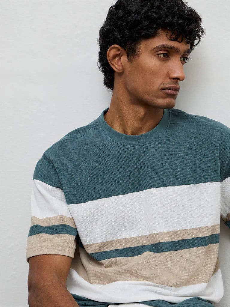 WES Lounge Multicolor Stripe-Printed Relaxed-Fit Cotton T-Shirt — photo 2