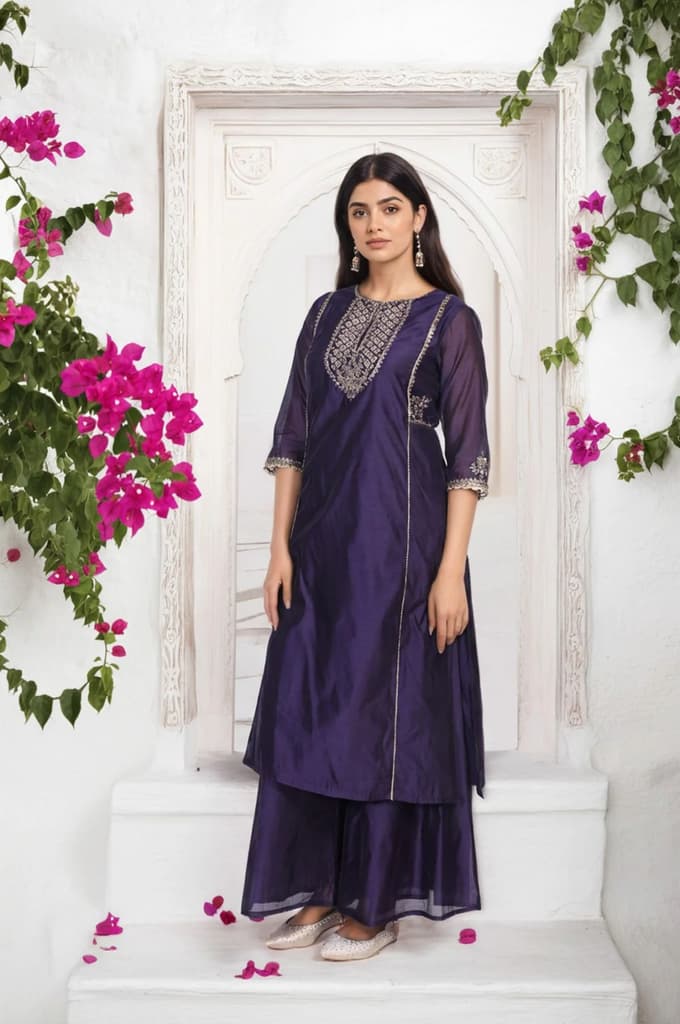 Purple Embroidered A-Line Chanderi Kurta with Flared Pant and Dupatta Set — photo 6