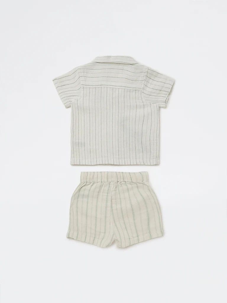 HOP Baby Boys White Striped Cotton Shirt and Shorts Set — photo 3