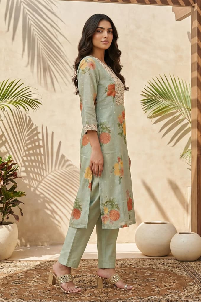 Green Floral Embroidered Straight Kurta with Pants and Dupatta Set — photo 5