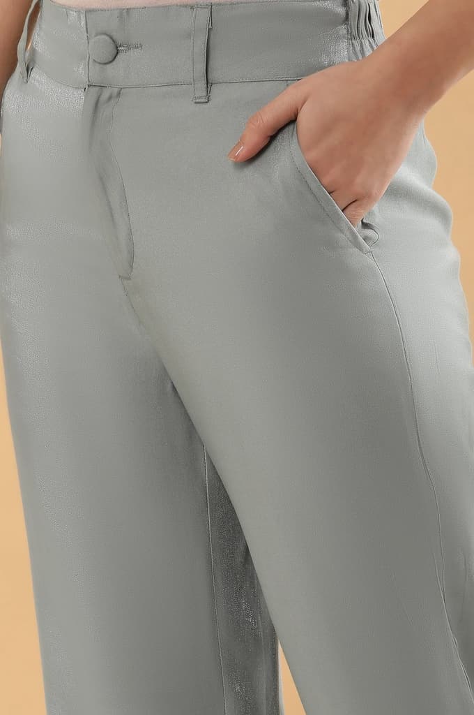 Grey Solid Straight Fit Woven Pants With Elasticated Back — photo 8