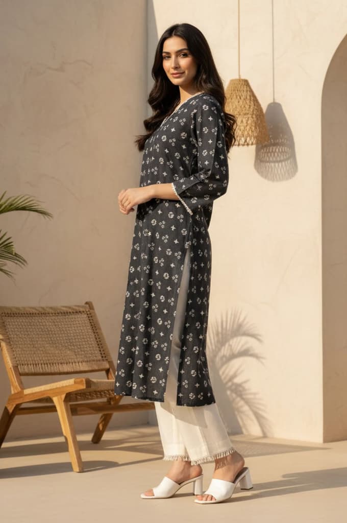 Charcoal Geometric Printed Lace Pure Cotton A-line Kurta — photo 3