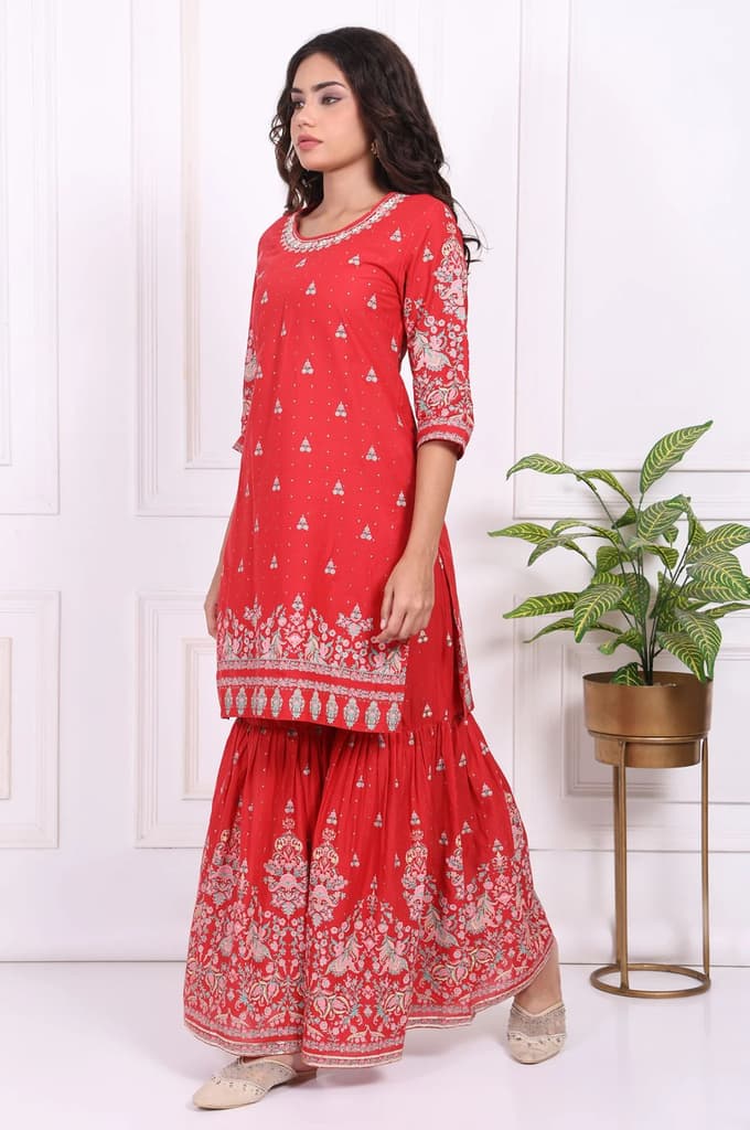 Red Floral Printed Embroidered Straight Cotton Kurta with Sharara and Dupatta Set — photo 4