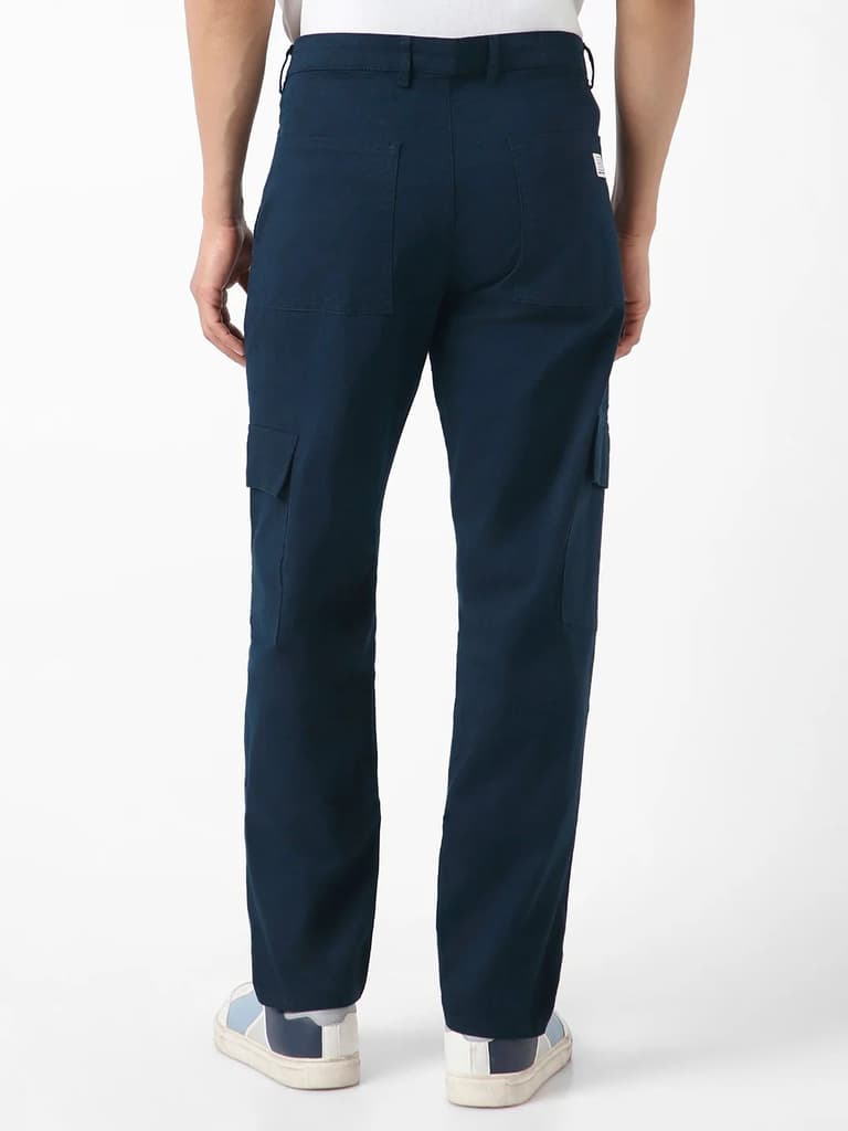 Men's Navy Regular Fit Solid Cargo Chino Pant with 6 Pockets Stretchable — photo 3