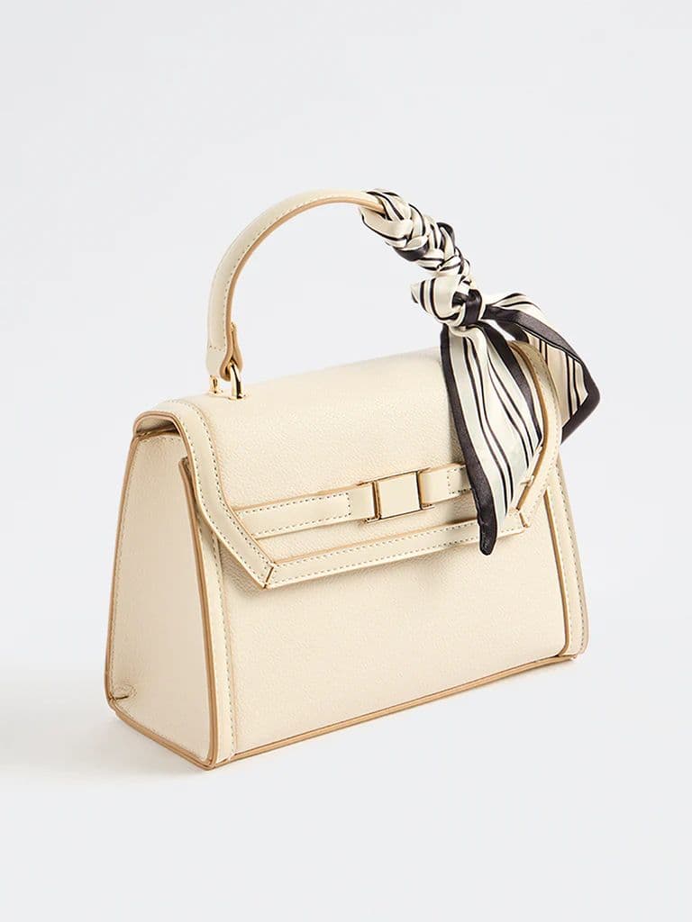 Westside Off-White Textured Satchel Bag with a Scarf — photo 2
