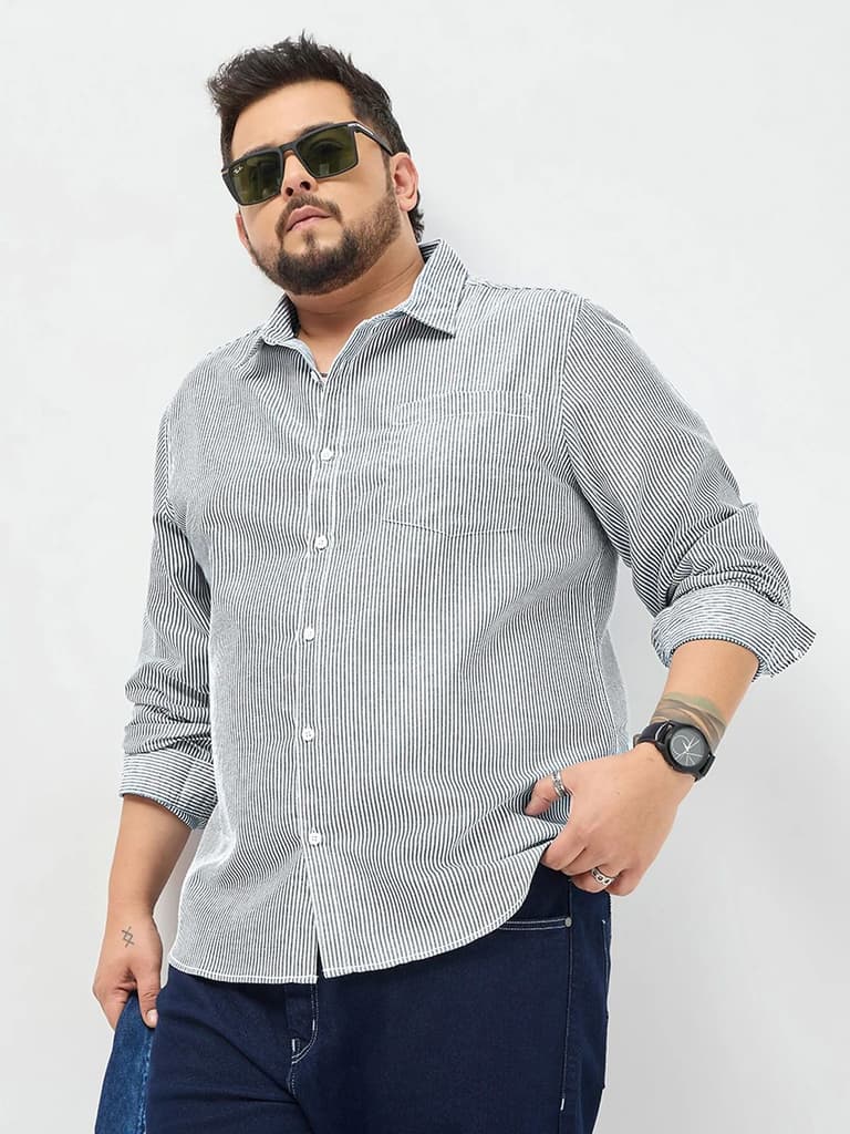 Plus Men's Dark Blue Cotton Full Sleeve Regular Fit Casual Striped Shirt — photo 2