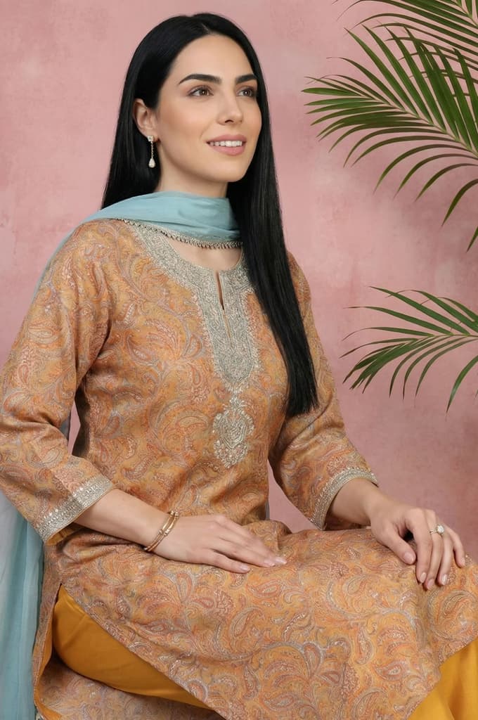 Mustard Sequins Paisley Printed Tissue Straight Kurta with Straight Pants and Dupatta Set — photo 3