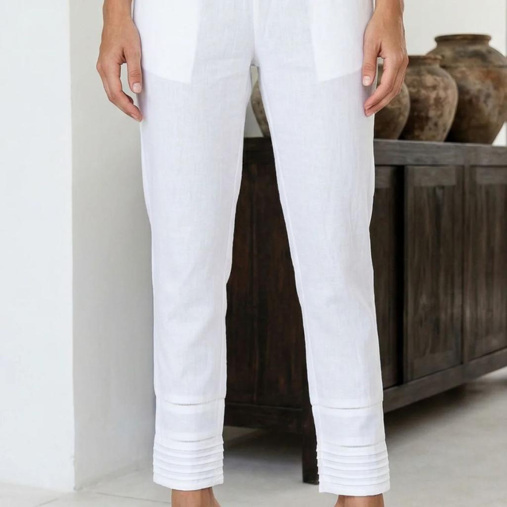 Elleven Women's White Solid Lace Pintucks Cotton Blend Tapered Fit Ankle Length Trousers