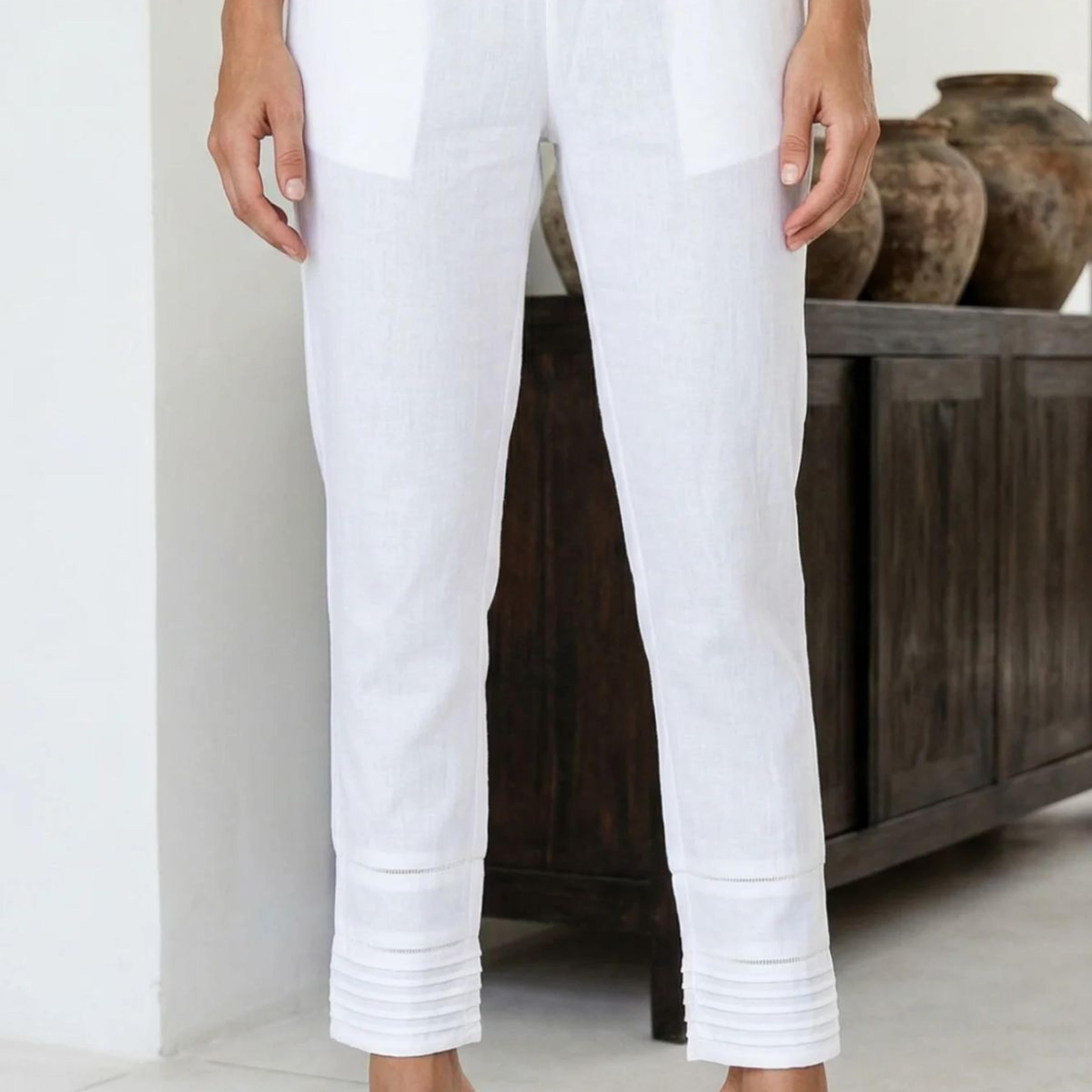 Elleven Women's White Solid Lace Pintucks Cotton Blend Tapered Fit Ankle Length Trousers