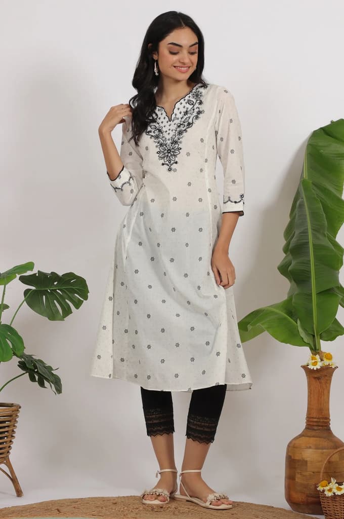 White Printed Cotton Lurex Dobby Flared Kurta with Embroidered Yoke — photo 3