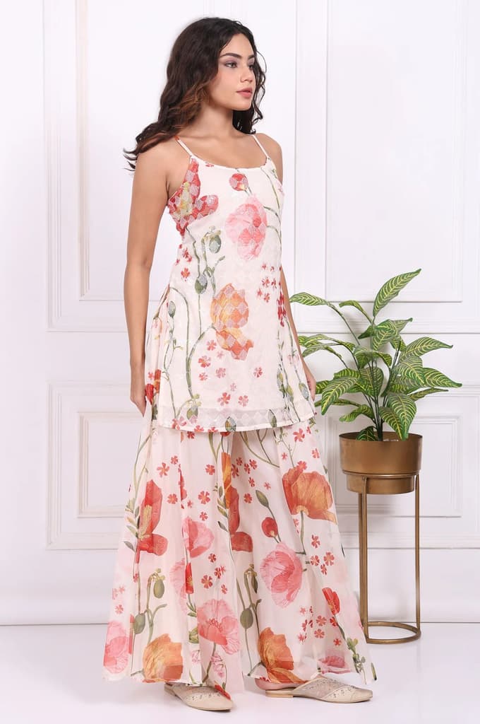 White Floral Printed A-Line Crepe Kurta with Culotte and Dupatta Set — photo 6