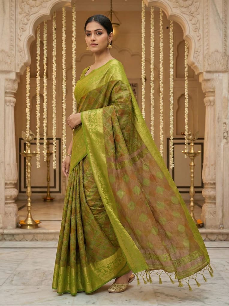 MIMOSA Women's Woven Design Patola Style Raw Silk Saree with Blouse Piece - Olive ( SA00003140OLFREE ) — photo 2