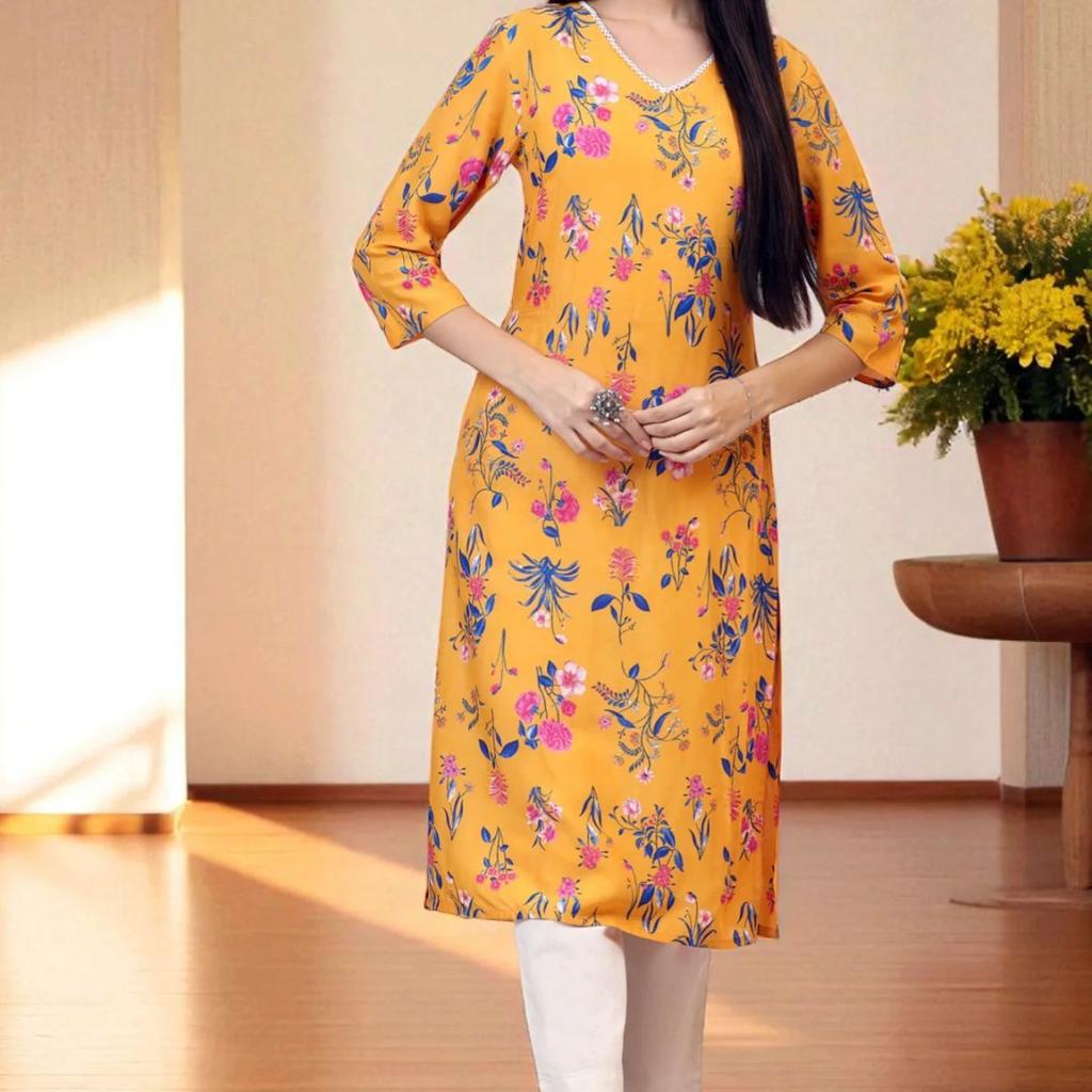 Yellow Floral Printed Modal Straight Kurta with Lace